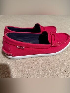 Cole Haan Red Canvas Slip-On Penny Loafers with White Sole